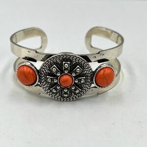 VTG Western Southwestern Silver Tone Cuff Bracelet Faux Coral Orange Sunburst